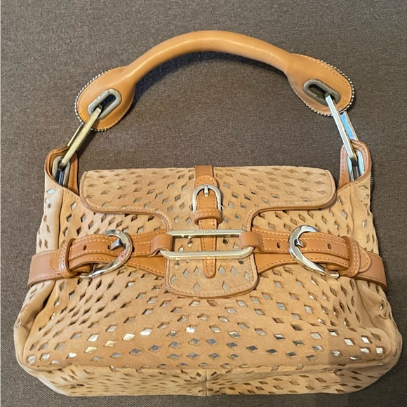 JIMMY CHOO TAN SUEDE & SILVER METALLIC HOBO PURSE like new ! GORGEOUS - Picture 4 of 11